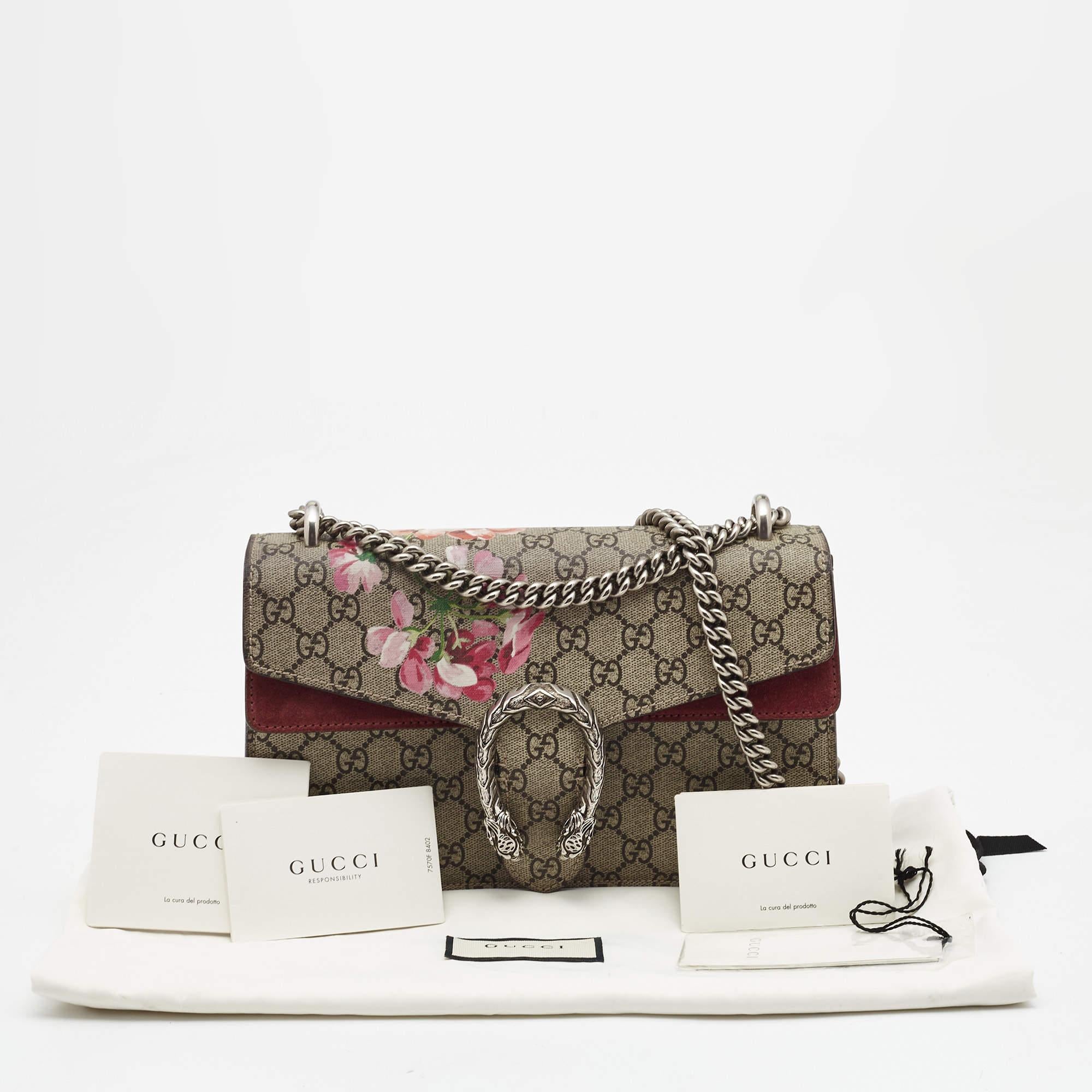 Gucci Burgundy/Beige GG Supreme Canvas and Suede Small Blooms Dionysus Shoulder  1