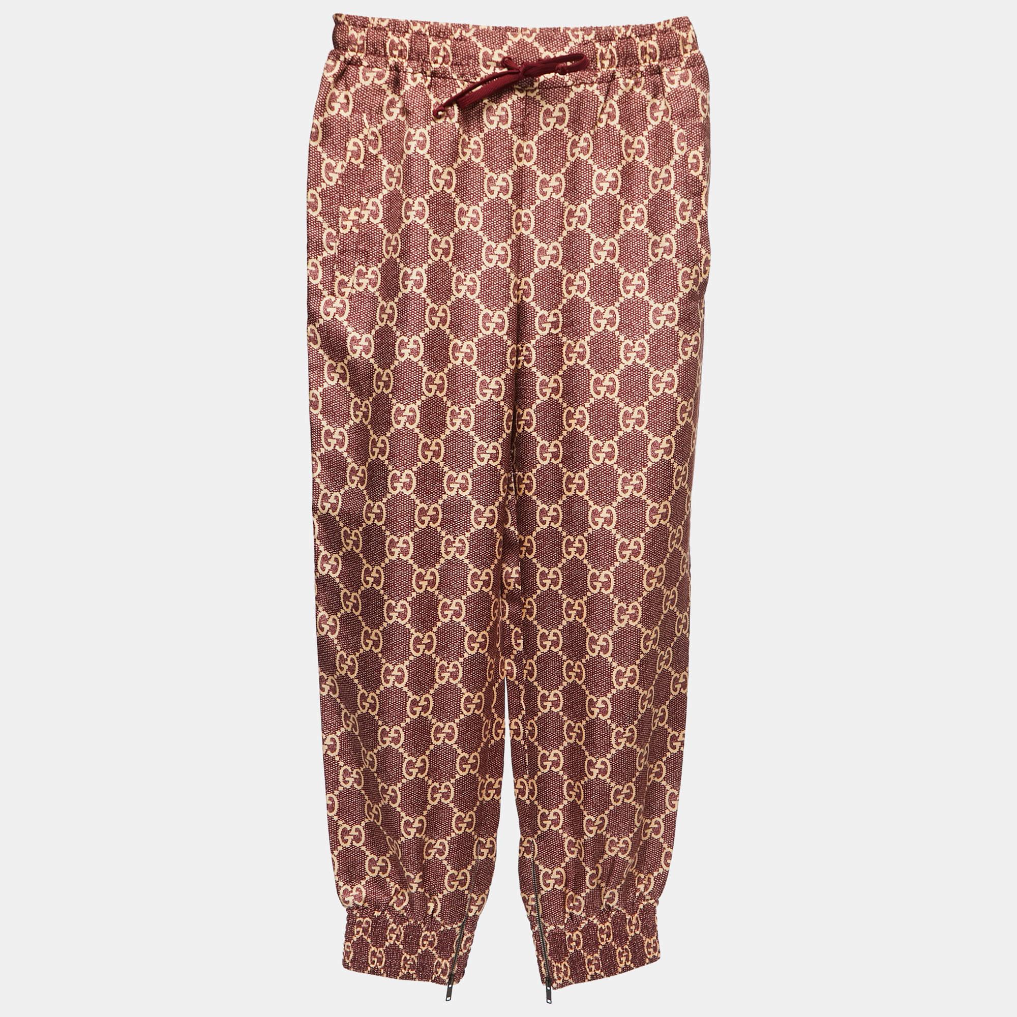 Gucci Burgundy/Beige GG Supreme Printed Silk Joggers XXS 2