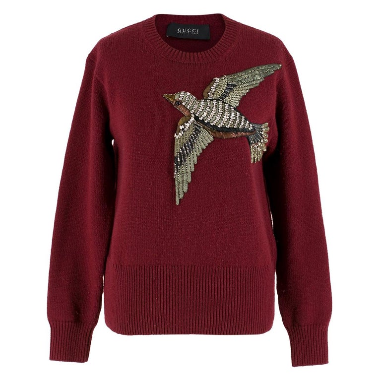 Gucci Burgundy Bird Embellished Knit Wool Sweater estimated size S at ...