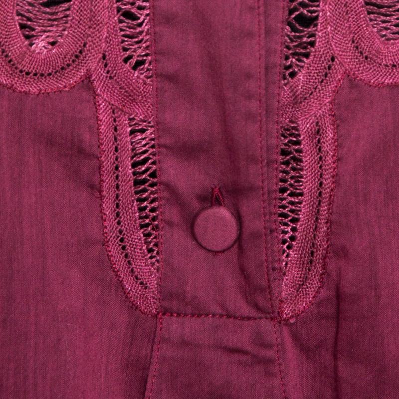 Gucci Burgundy Cotton Lace Trim Long Sleeve Blouse M In Good Condition In Dubai, Al Qouz 2