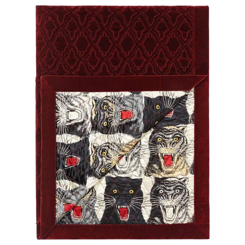 Gucci Burgundy Cream Black Quilted Tigers Men's Women's Quilt Throw Blanket 