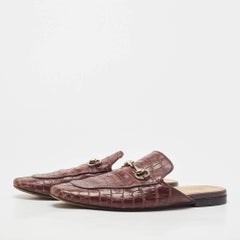 Gucci Burgundy Croc Embossed Leather Princetown Flat Mules Size 42.5
