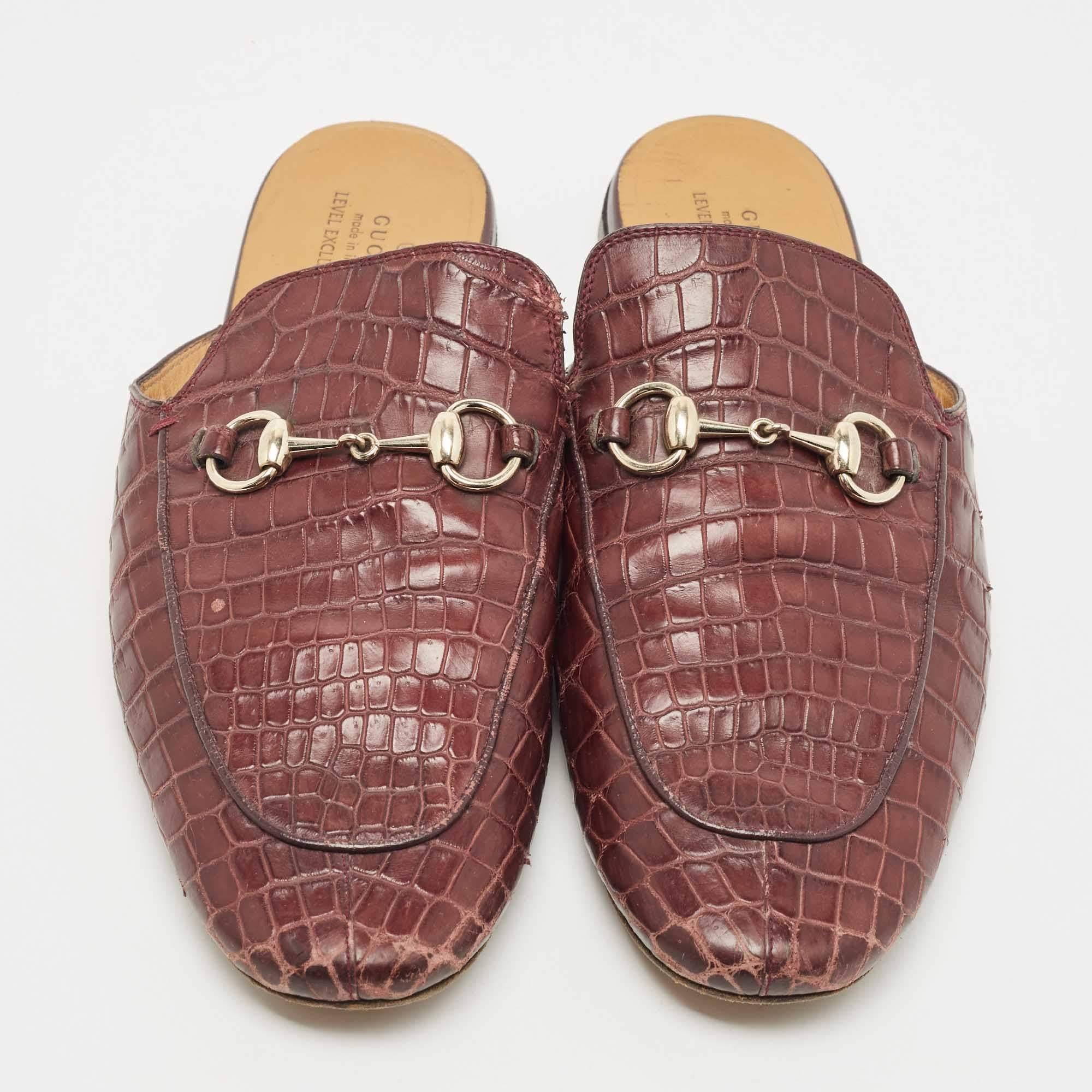 Brown Gucci Burgundy Croc Embossed Leather Princetown Flat Mules Size 42.5