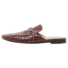 Used Gucci Burgundy Croc Embossed Leather Princetown Flat Mules Size 42.5