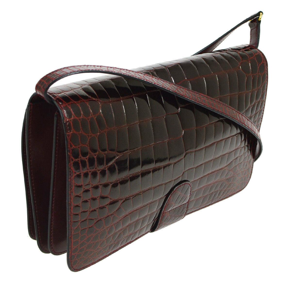 Black Gucci Burgundy Crocodile Leather Toggle 2 in 1 Clutch Evening Shoulder Flap Bag