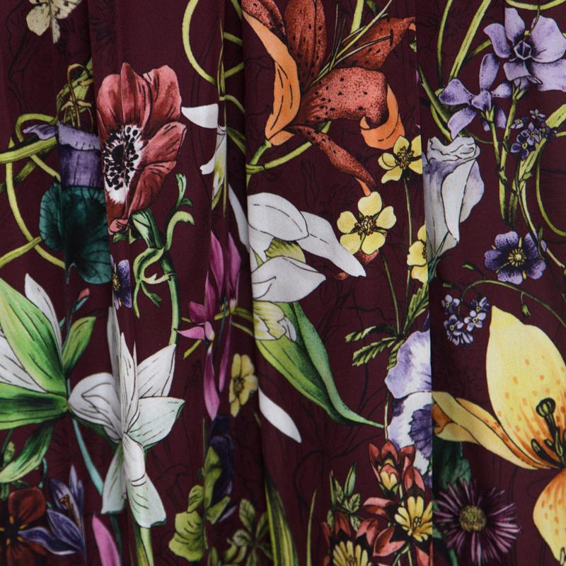 Gucci Burgundy Floral Printed Silk Tie Detail Strapless Maxi Dress M In Good Condition In Dubai, Al Qouz 2