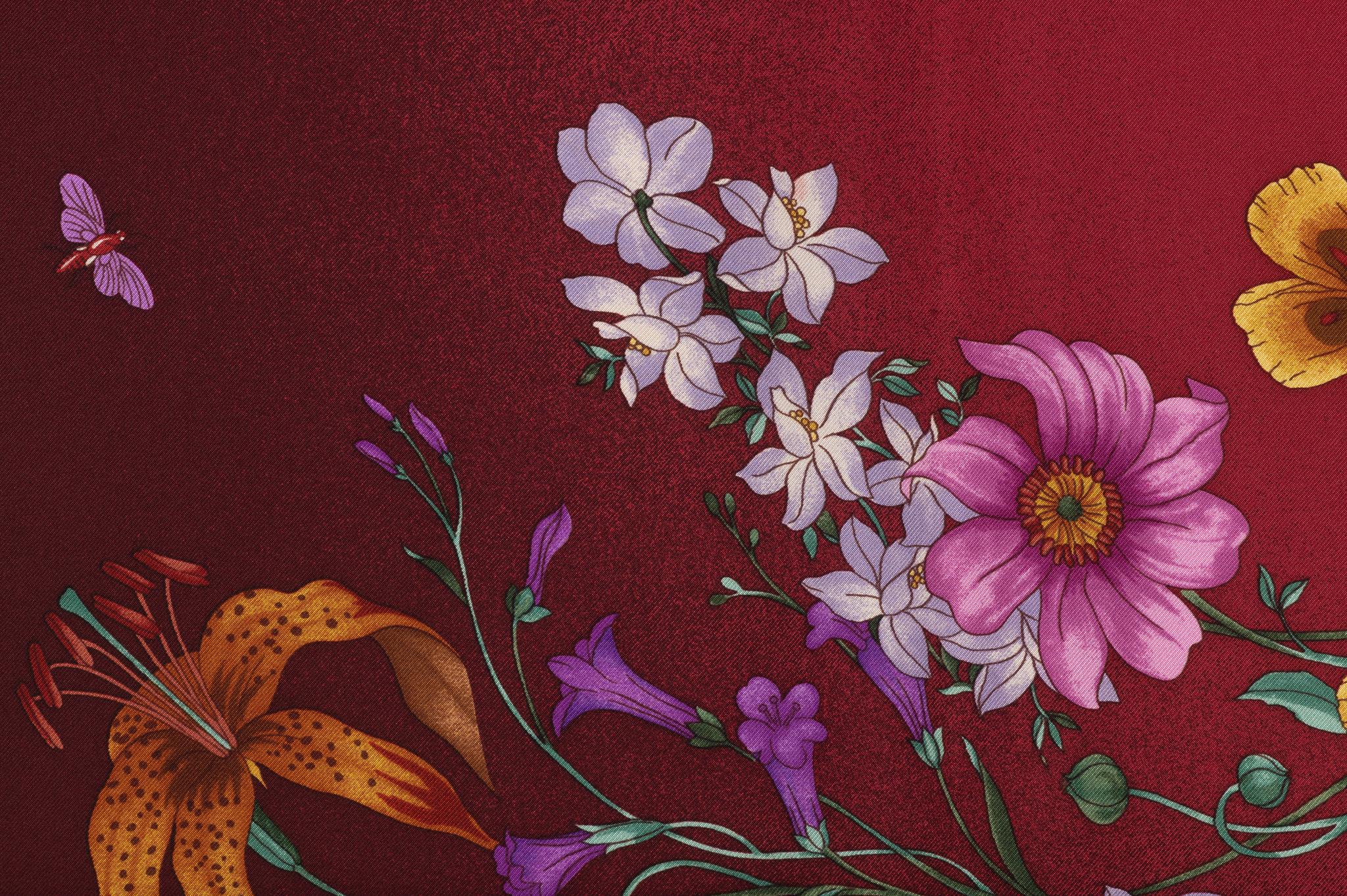 Brown Gucci Burgundy Flowers Silk Scarf For Sale