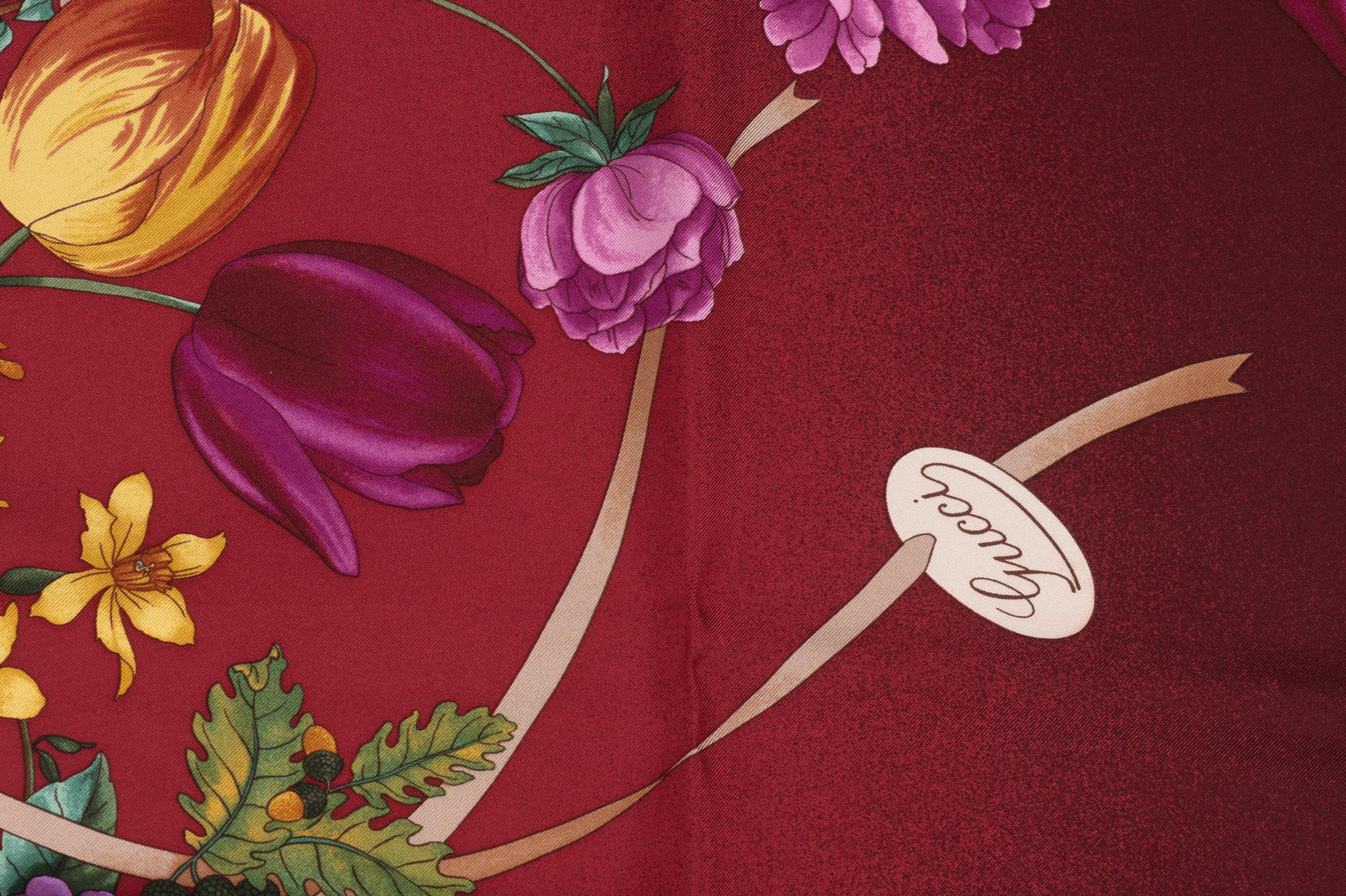 Gucci Burgundy Flowers Silk Scarf For Sale 1
