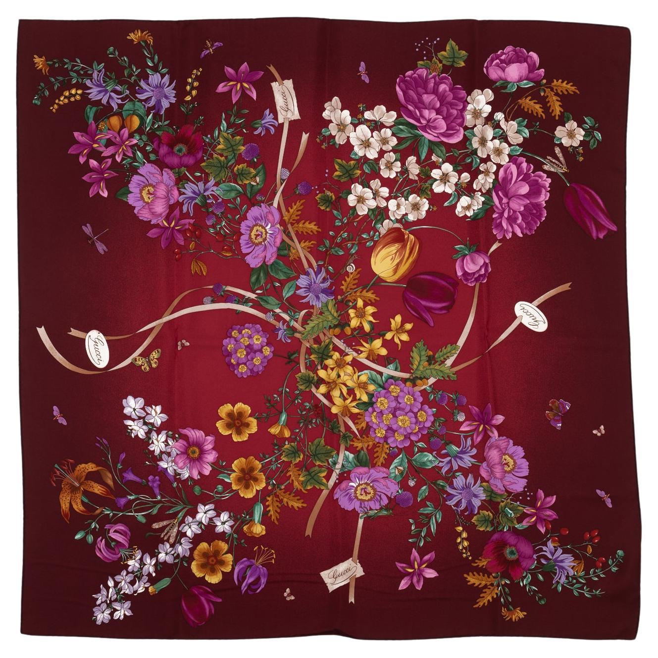 Gucci Burgundy Flowers Silk Scarf For Sale