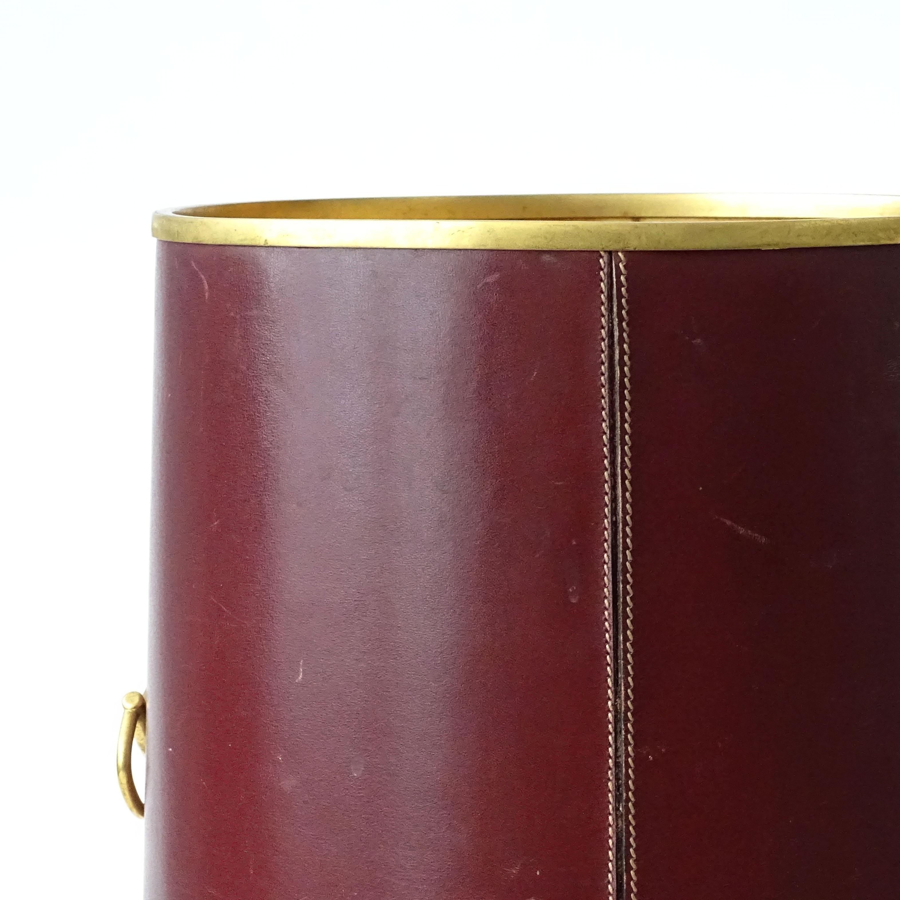 Italian Gucci Burgundy Leather and Brass Horsebit Waistpaper Basket, Italy 1950s For Sale
