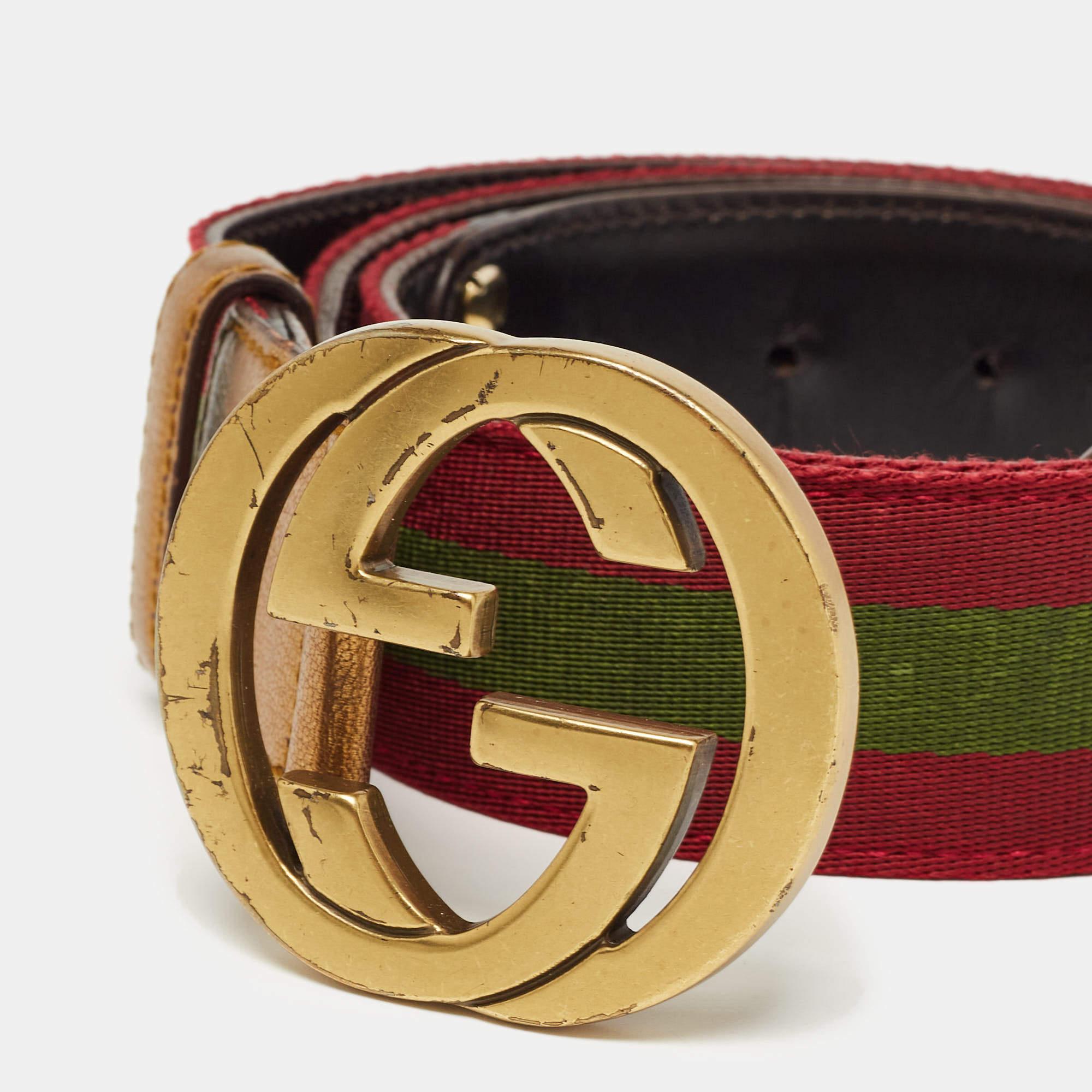 Brown Gucci Burgundy Leather and Web Detail Interlocking GG Buckle Belt 95 CM