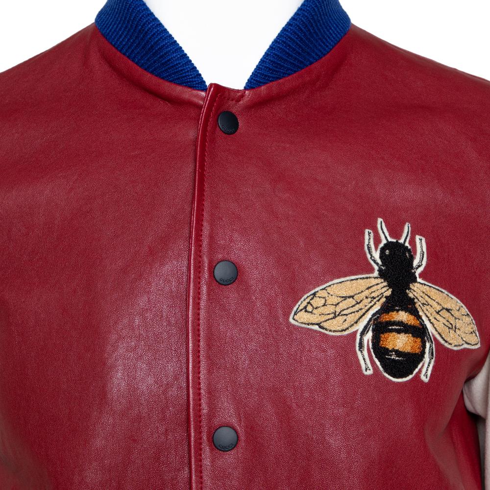Brown Gucci Burgundy Leather 'Blind for Love' Varsity Bomber Jacket L