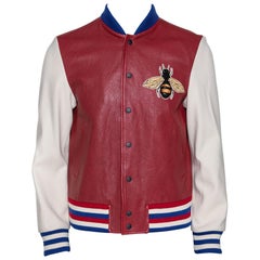 Gucci Burgundy Leather 'Blind for Love' Varsity Bomber Jacket L at