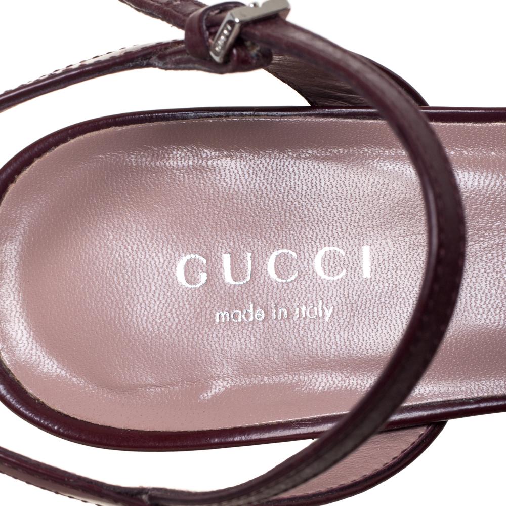 Brown Gucci Burgundy Leather Claudia Horsebit Platform Ankle Strap Sandals Size 36.5