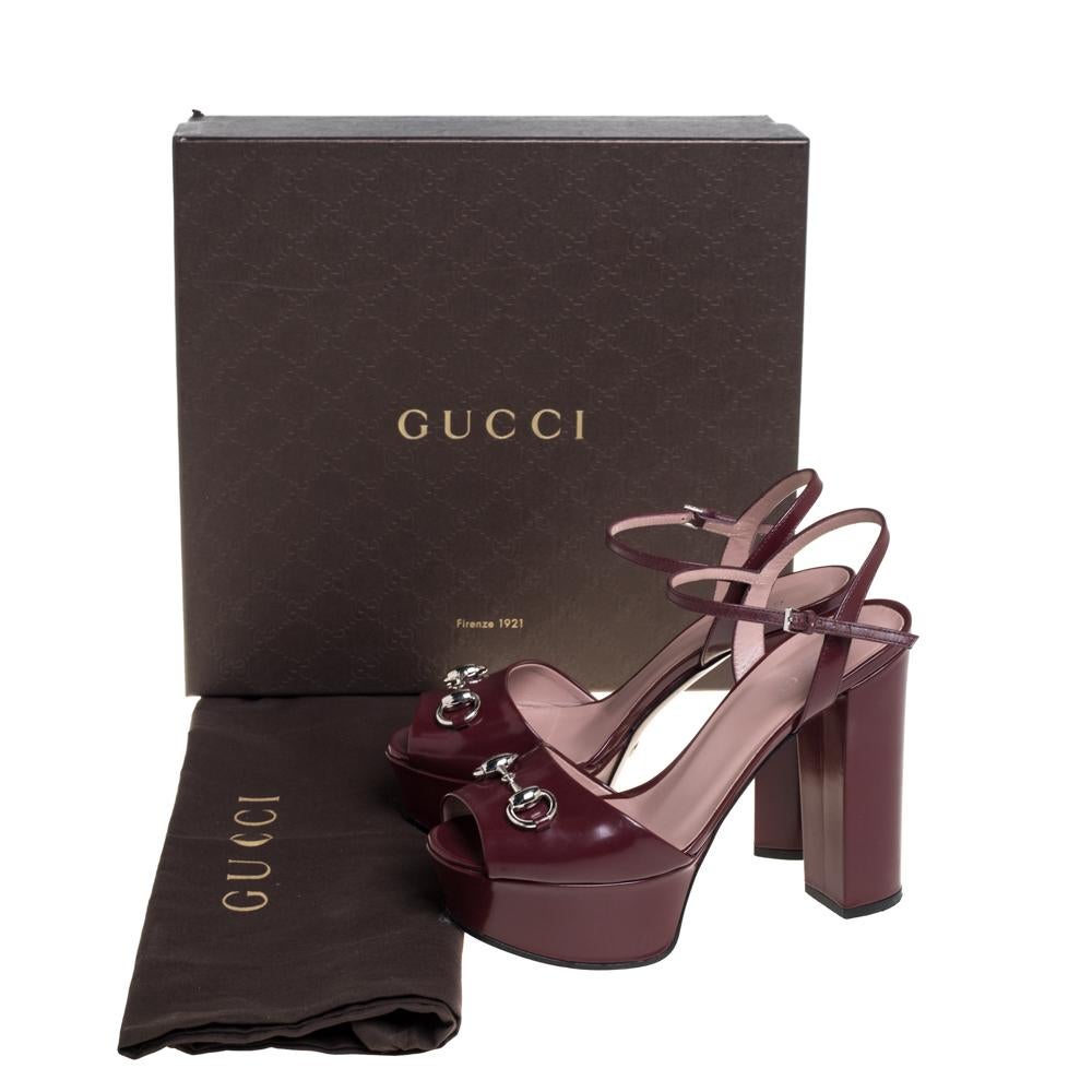 Women's Gucci Burgundy Leather Claudia Horsebit Platform Ankle Strap Sandals Size 36.5