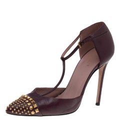 Gucci Burgundy Leather Coline Studded T Strap Pumps Size 38