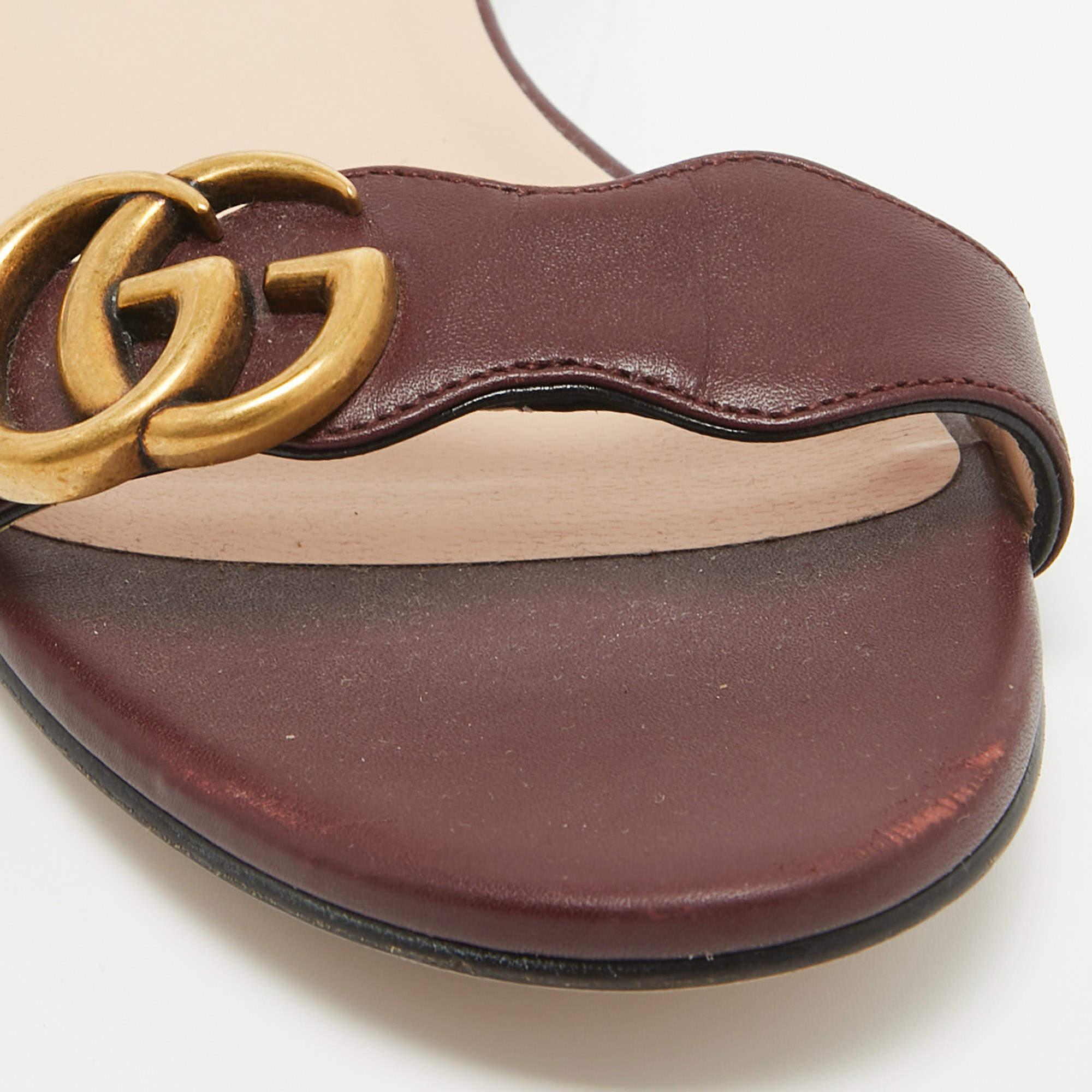 Gucci Burgundy Leather GG Marmont Ankle Strap Flat Sandals Size 35 3