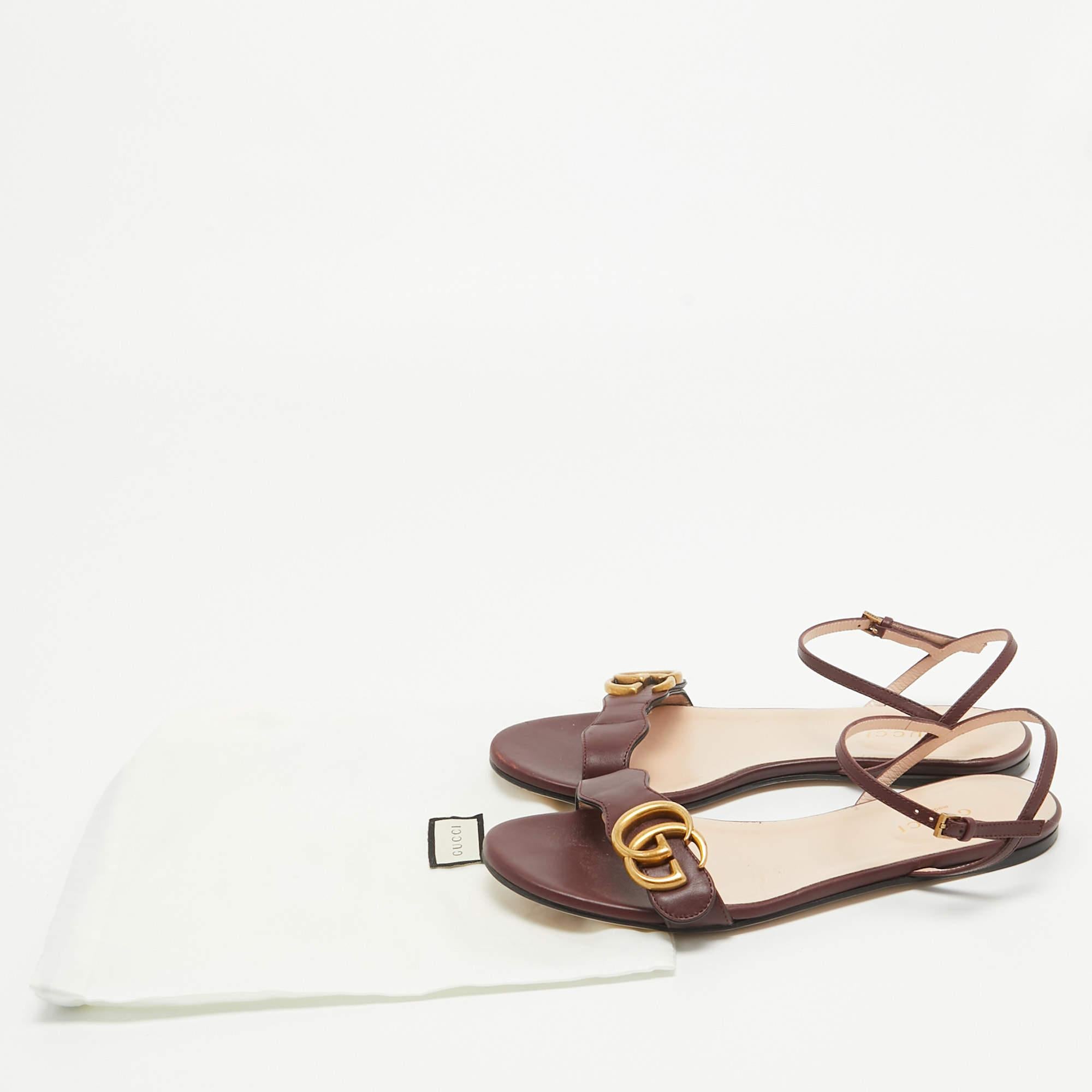 Gucci Burgundy Leather GG Marmont Ankle Strap Flat Sandals Size 35 5