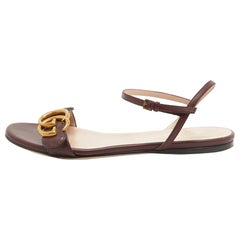 Gucci Burgundy Leather GG Marmont Ankle Strap Flat Sandals Size 35