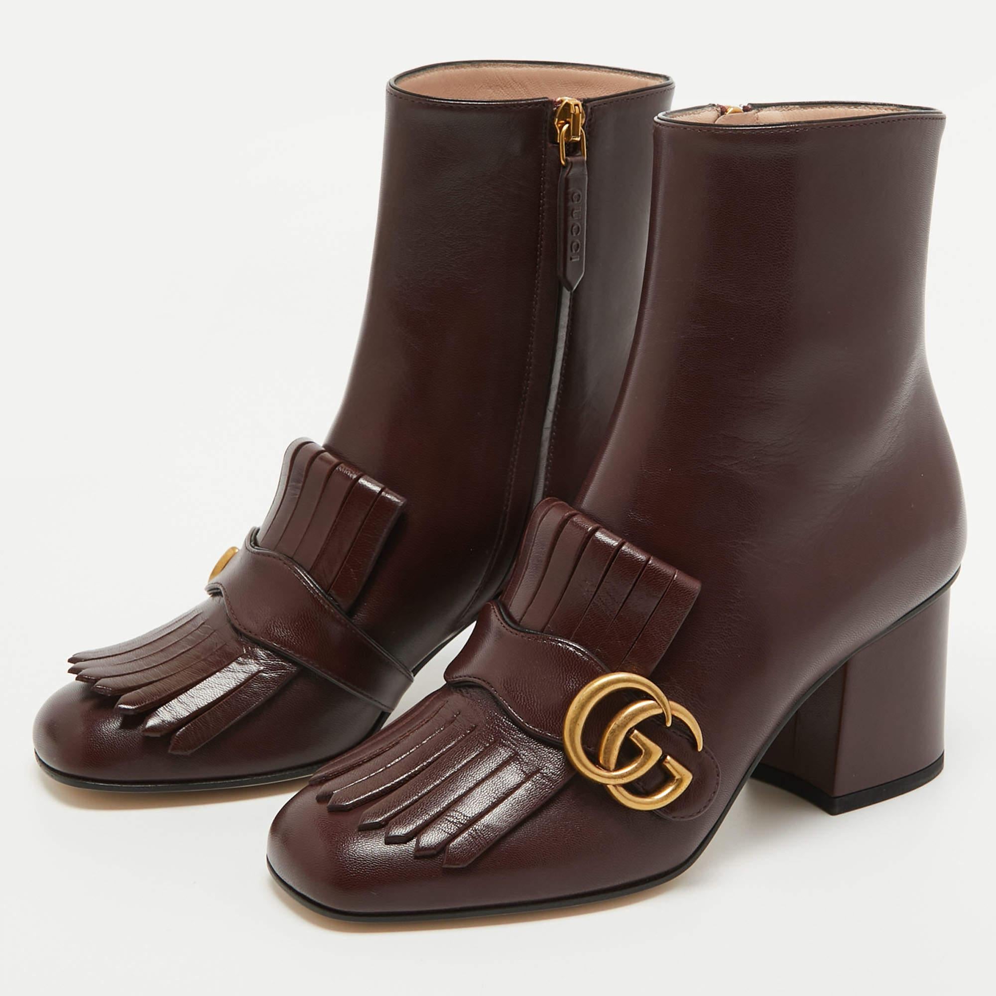 Gucci Burgundy Leather GG Marmont Fringe Ankle Boots Size 35.5 For Sale 3