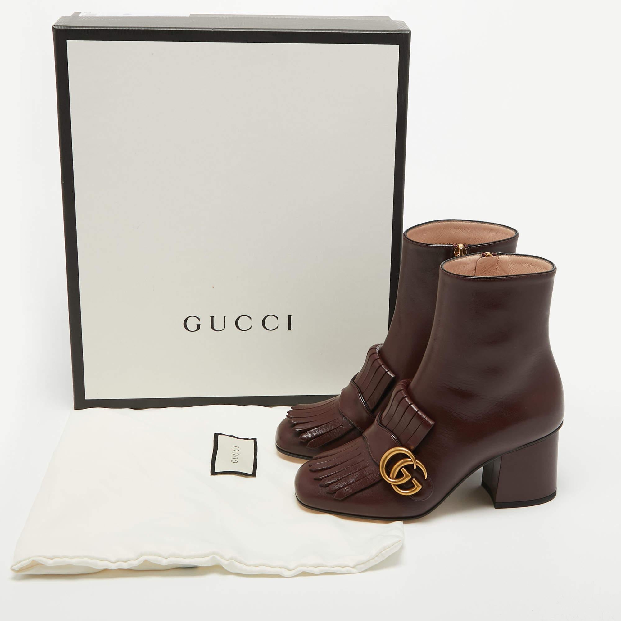 Gucci Burgundy Leather GG Marmont Fringe Ankle Boots Size 35.5 For Sale 5