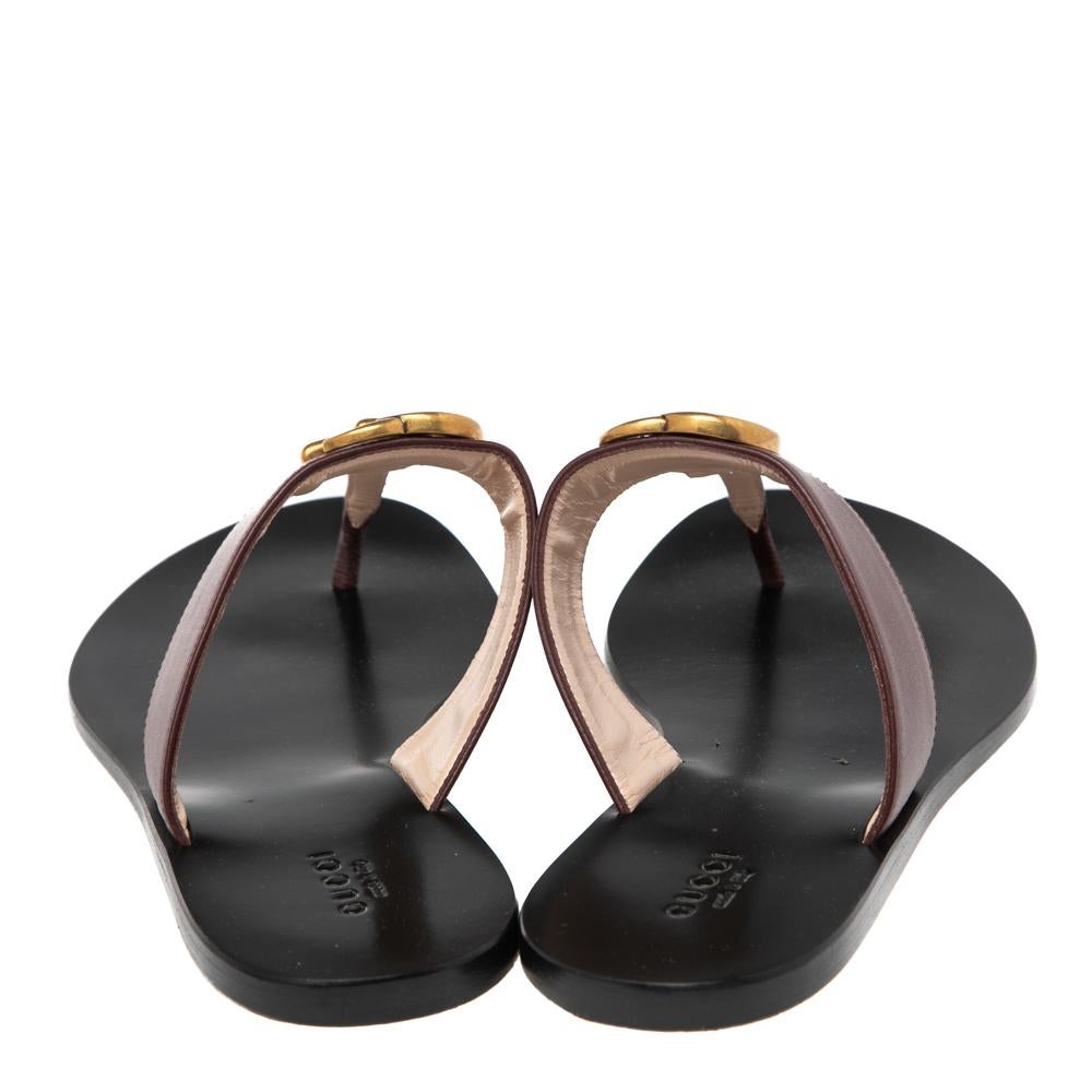Gray Gucci Burgundy Leather GG Marmont Thong Sandals Size 38