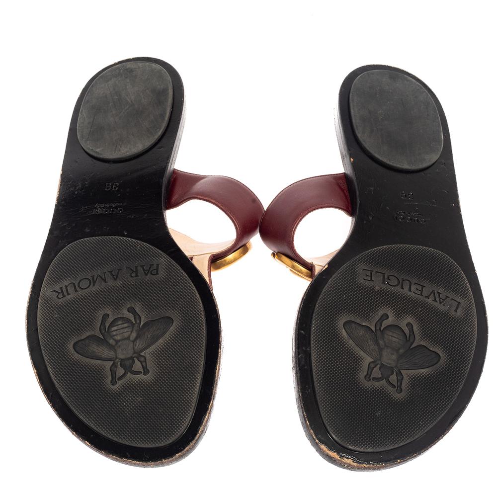 Black Gucci Burgundy Leather GG Marmont Thong Sandals Size 39