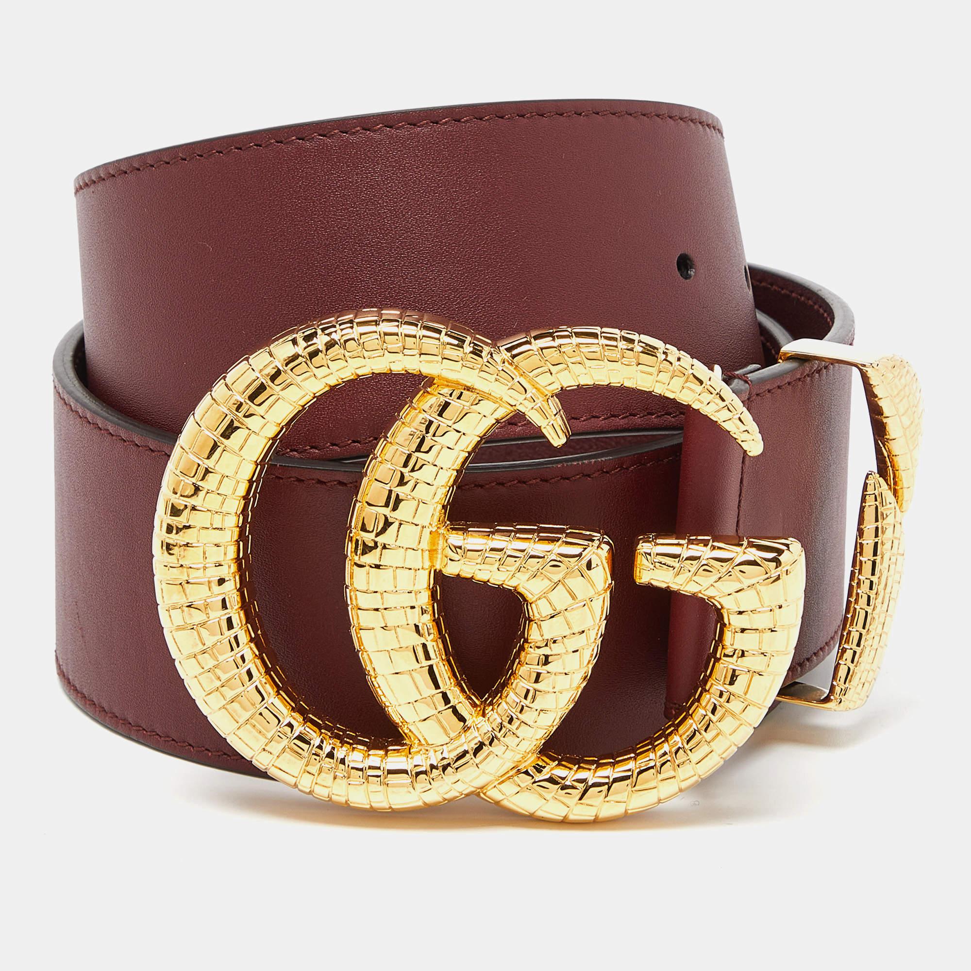 Gucci Burgunderfarbener Ledergürtel GG Marmont mit breiter Taille und Schnalle 80CM Damen im Angebot