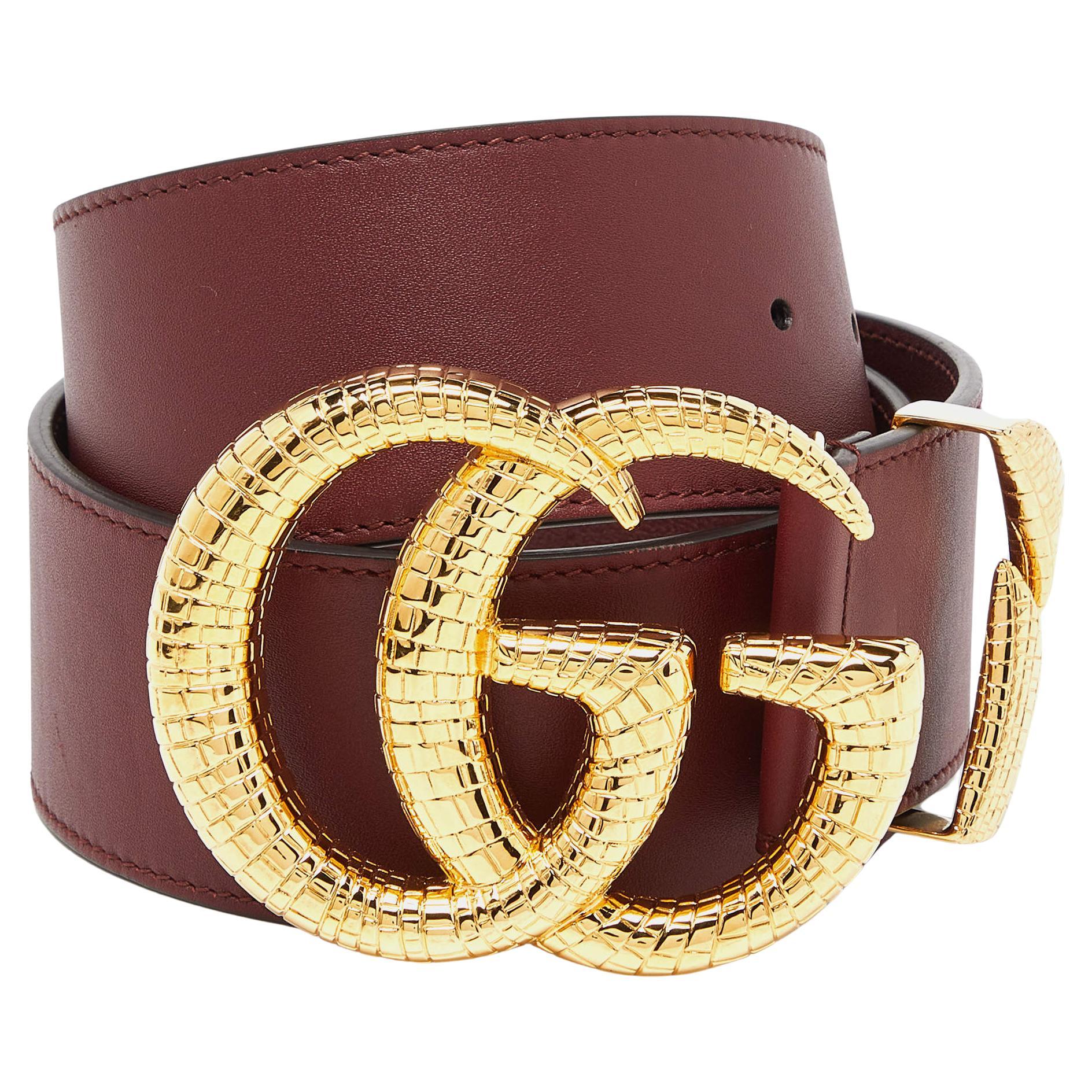 Gucci Burgundy Leather GG Marmont Wide Waist Buckle Belt 80CM For Sale