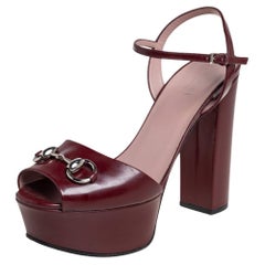 Gucci Burgundy Leather Horsebit Ankle Strap Platform Sandals Size 38
