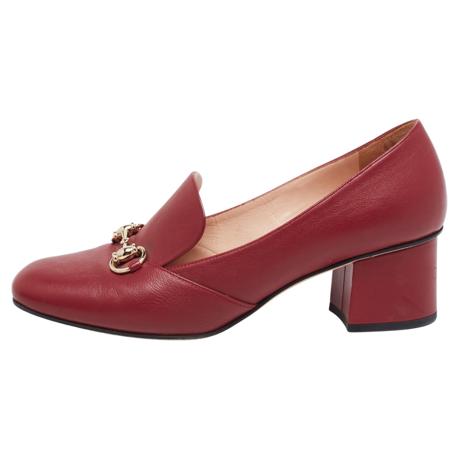 Gucci Burgundy Leather Horsebit Block Heel Pumps Size 40