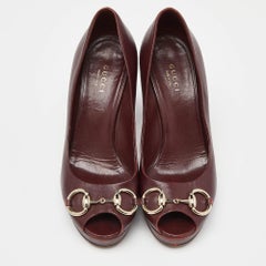 Gucci Burgundy Leather Horsebit Peep Toe Platform Pumps Size 37
