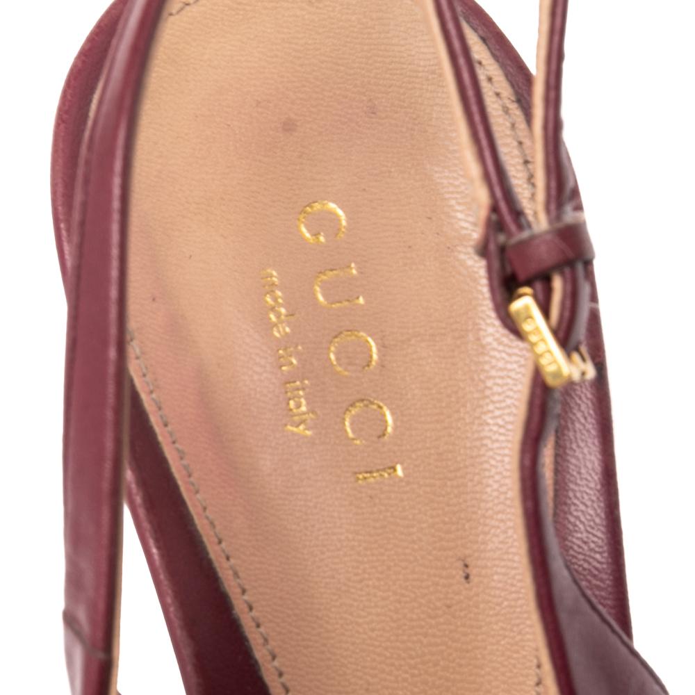Women's Gucci Burgundy Leather Horsebit Peep Toe Slingback Sandals Size 38.5