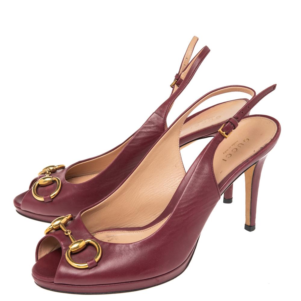 Gucci Burgundy Leather Horsebit Peep Toe Slingback Sandals Size 38.5 1