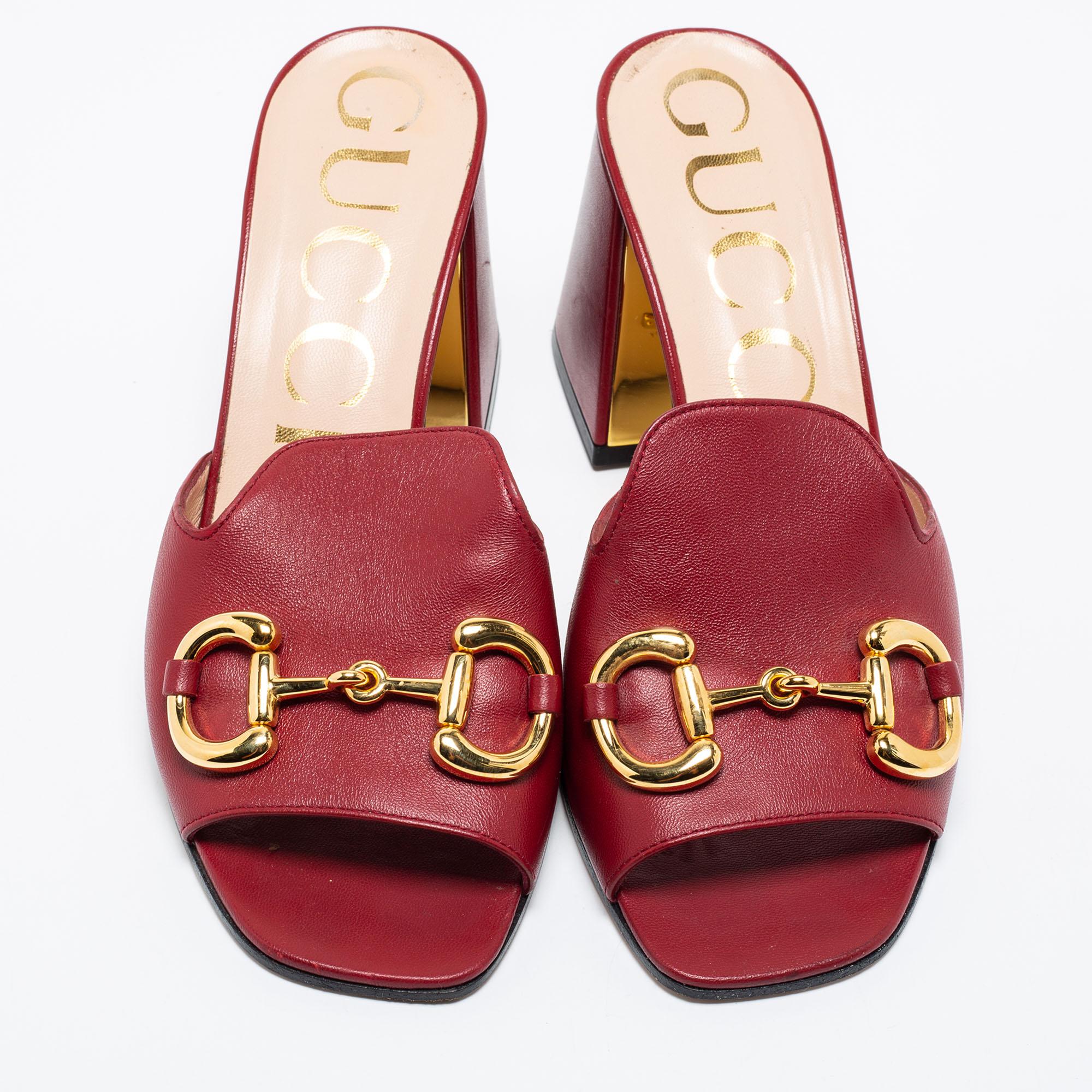 Gucci Burgundy Leather Horsebit Slide Sandals Size 38 2