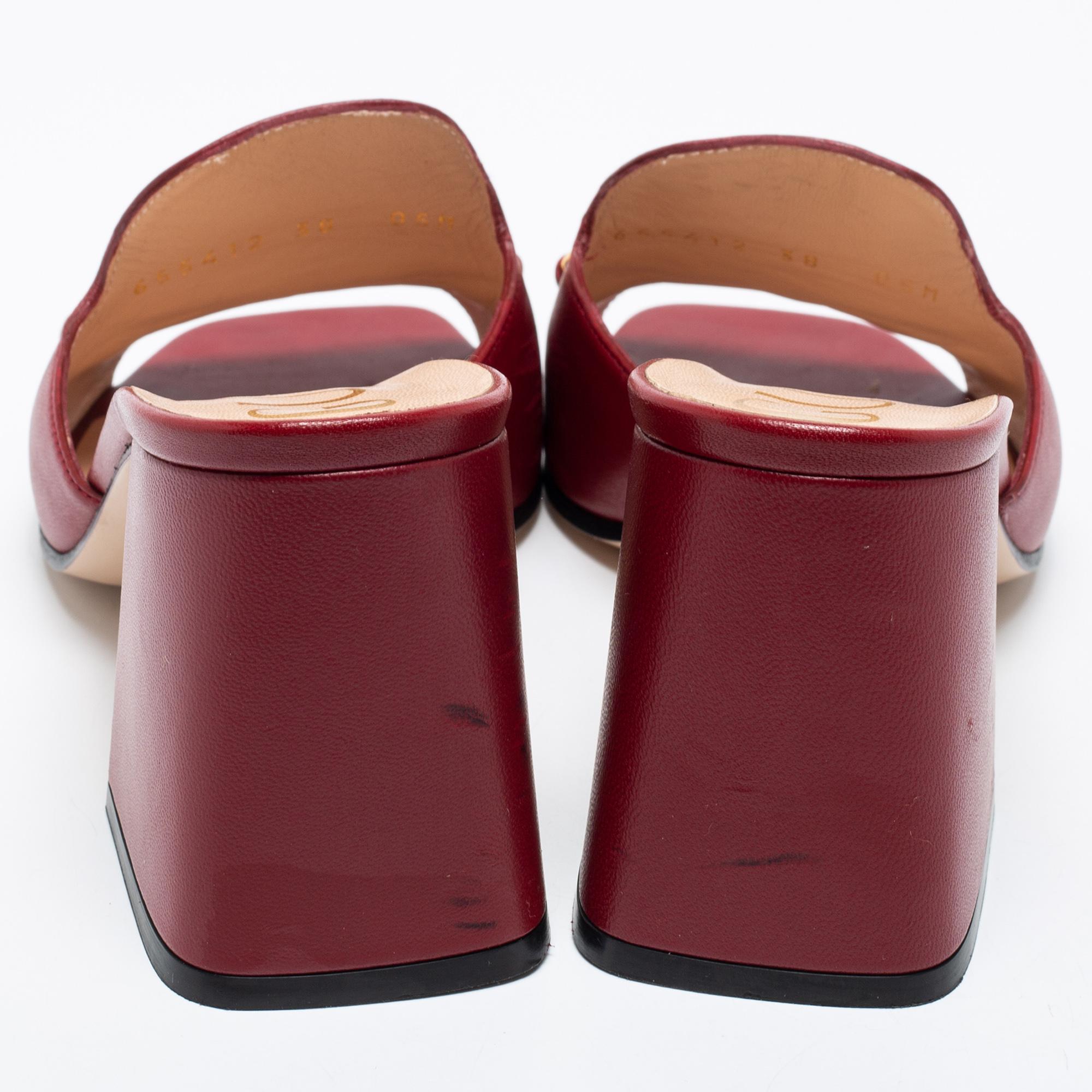 Gucci Burgundy Leather Horsebit Slide Sandals Size 38 5