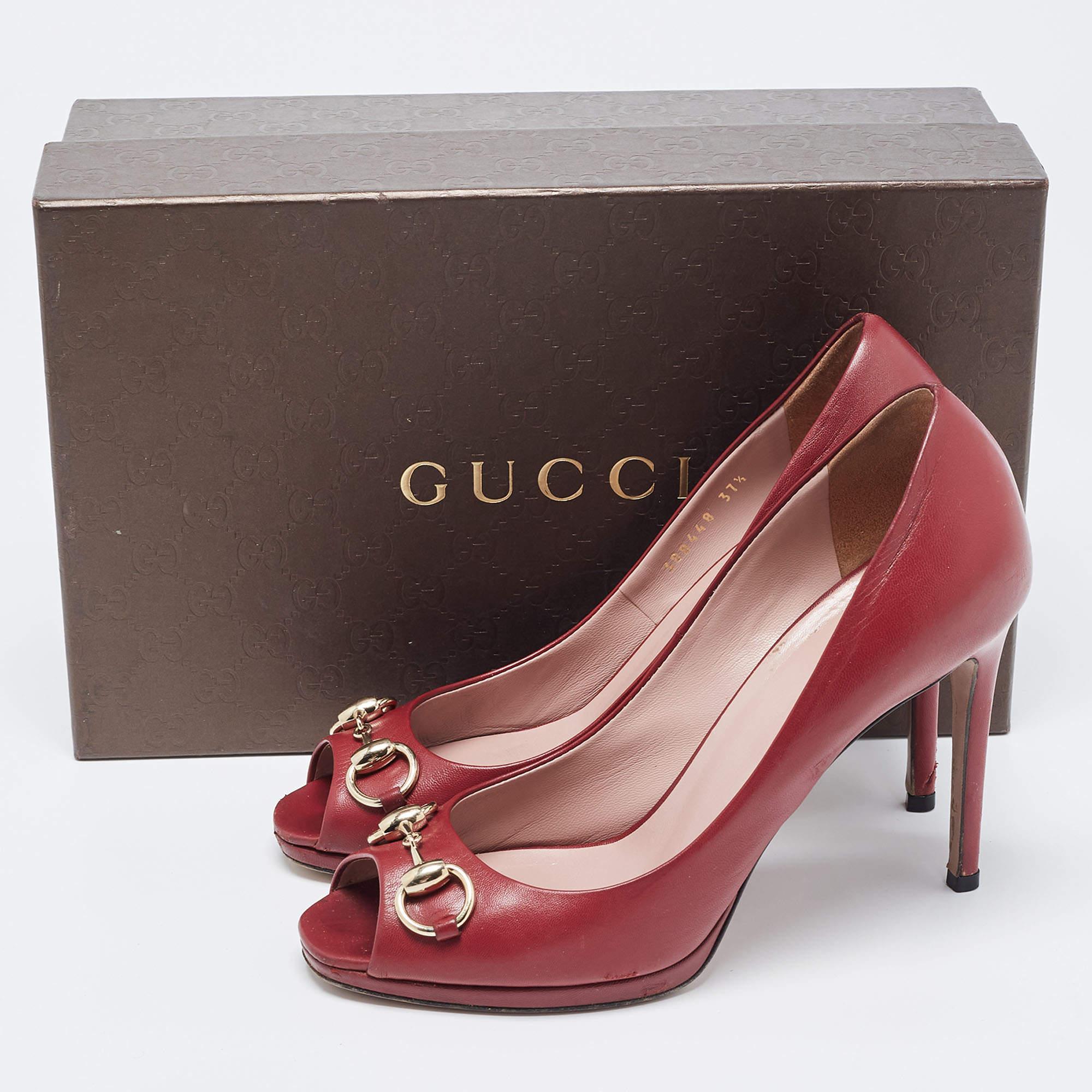 Gucci Burgundy Leather Jolene Peep Toe Pumps Size 37.5 For Sale 5