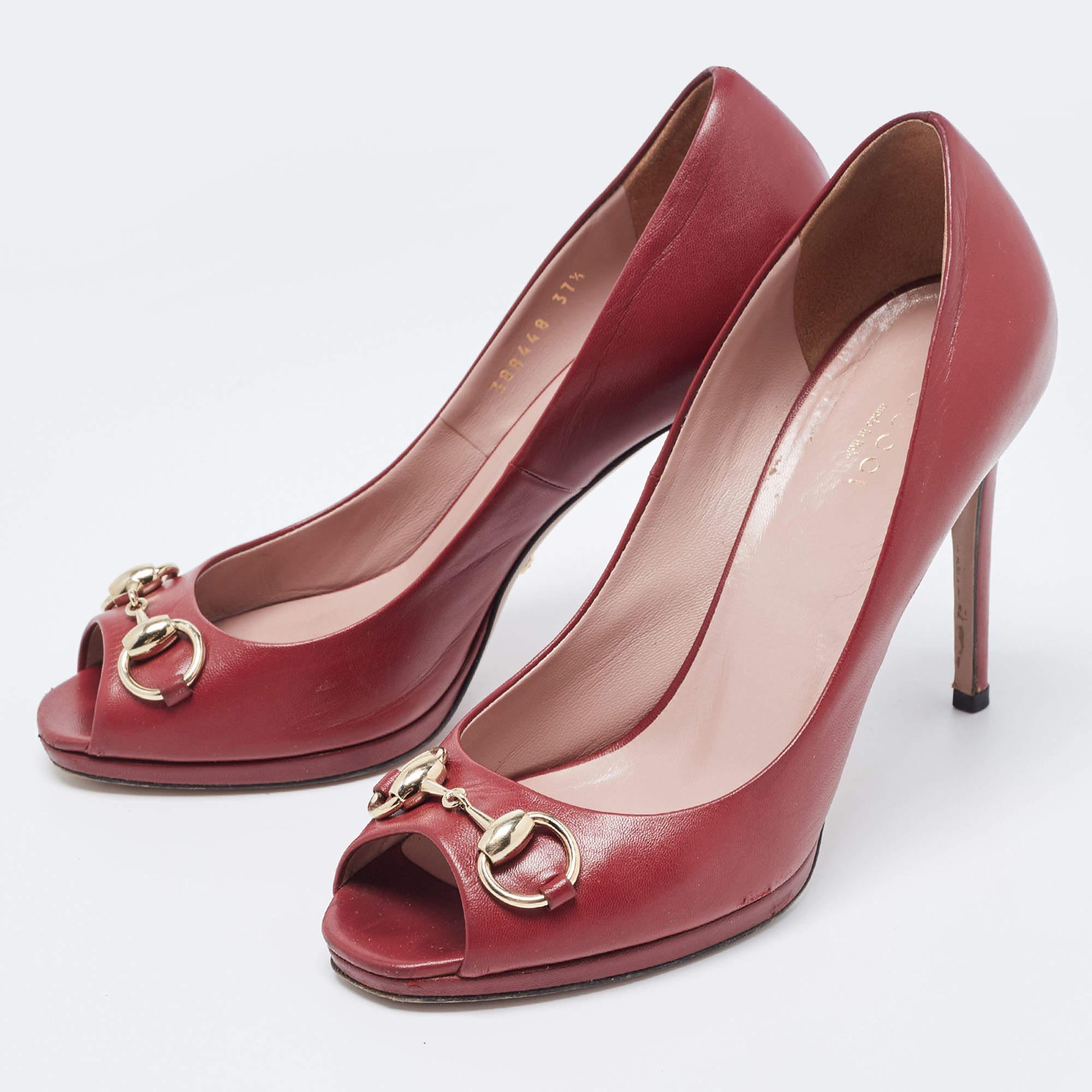 Brown Gucci Burgundy Leather Jolene Peep Toe Pumps Size 37.5 For Sale