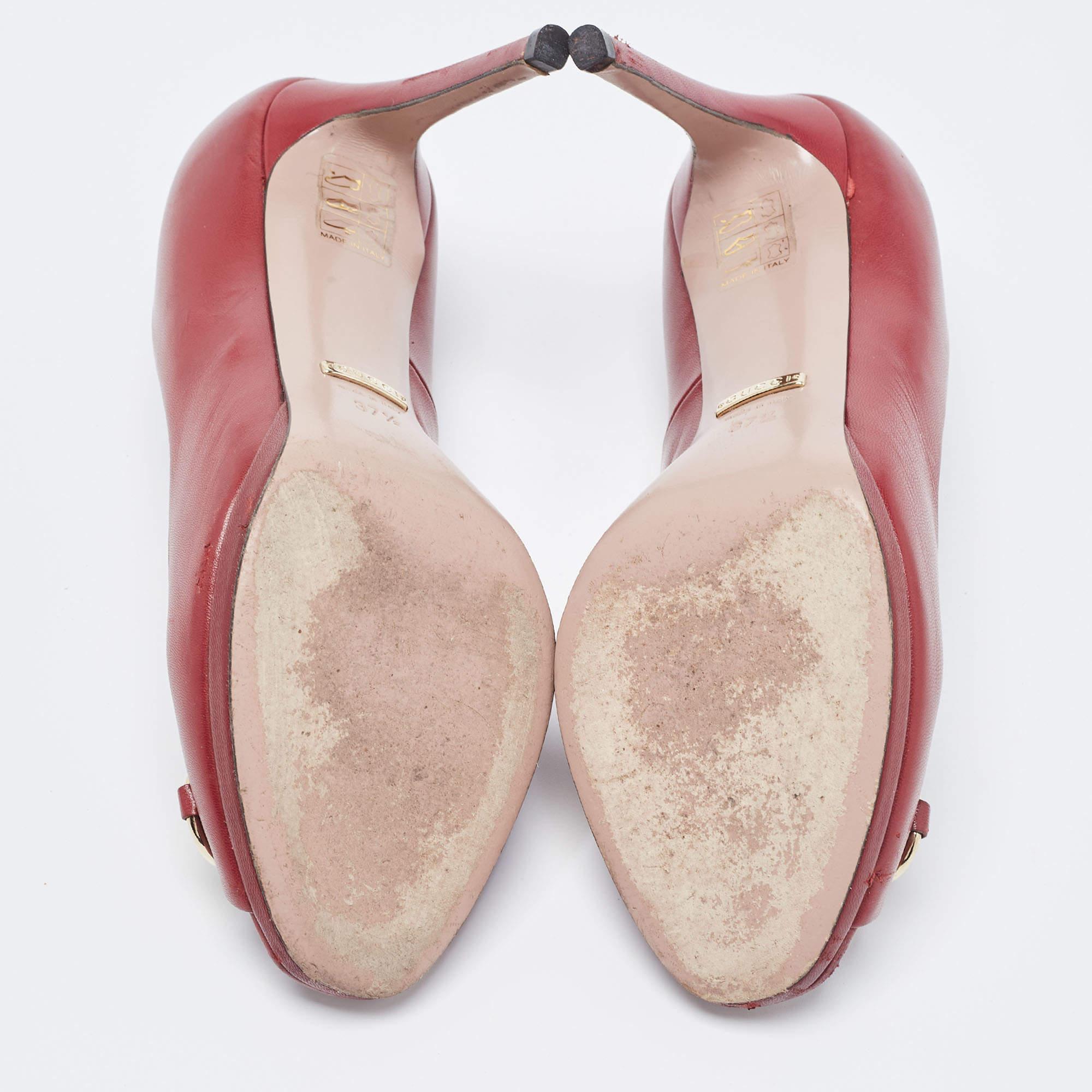 Gucci Burgundy Leather Jolene Peep Toe Pumps Size 37.5 For Sale 1