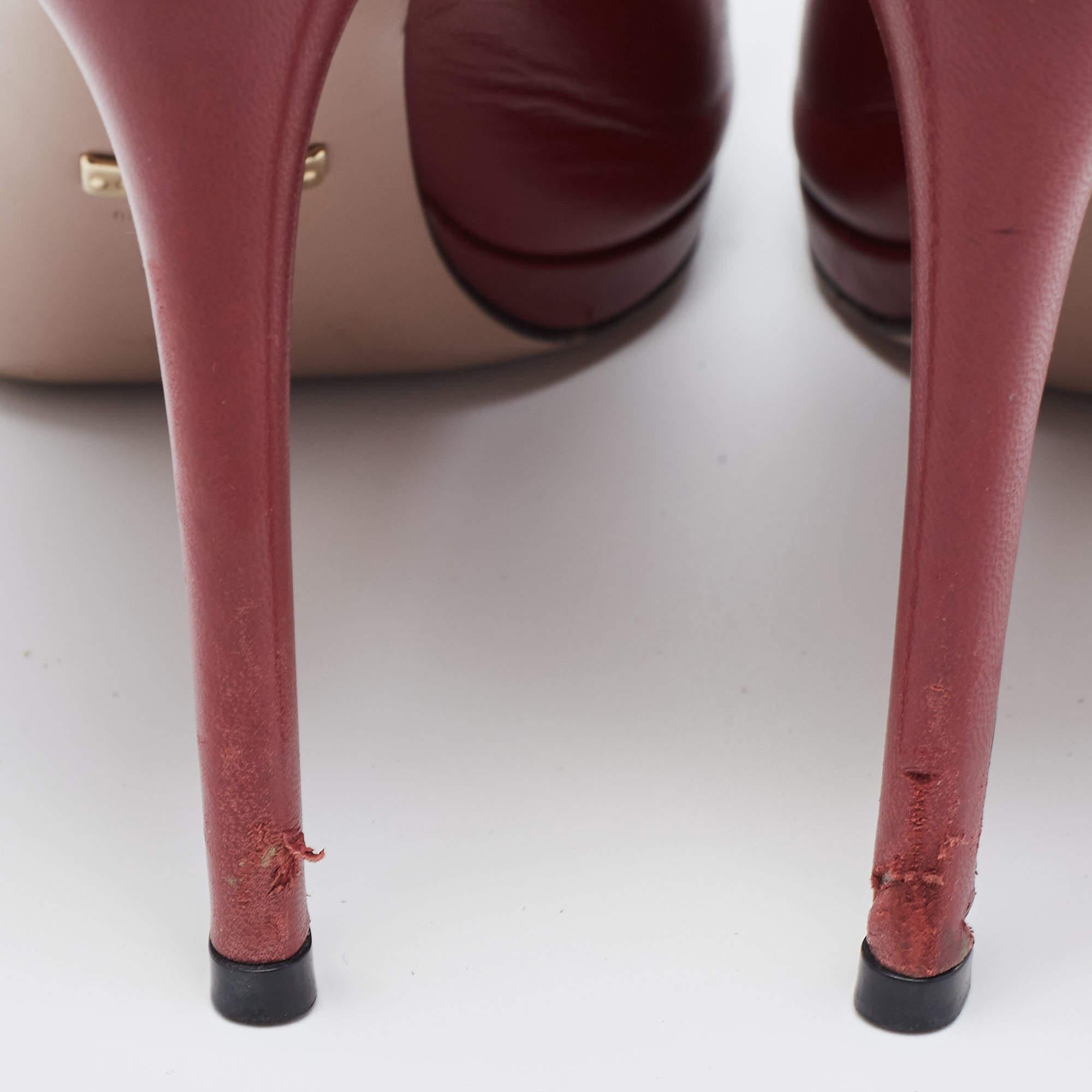 Gucci Burgundy Leather Jolene Peep Toe Pumps Size 37.5 For Sale 2