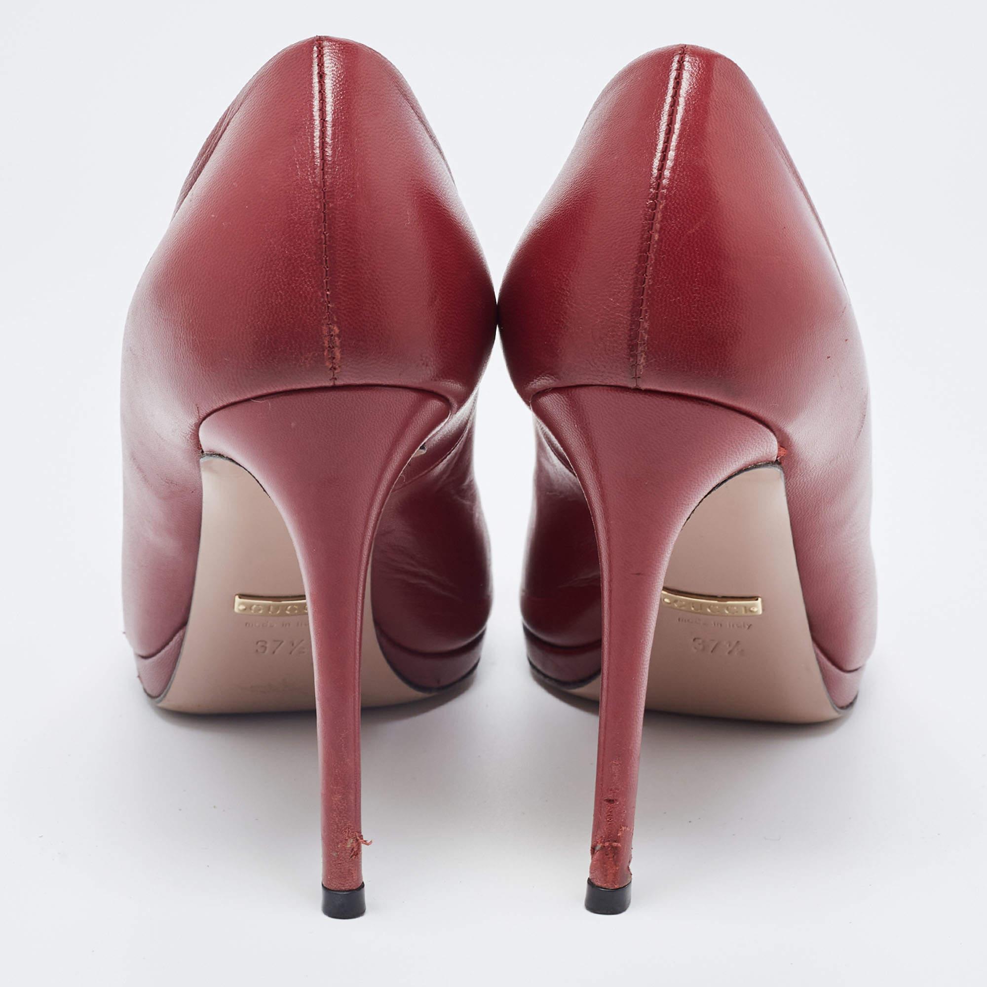 Gucci Burgundy Leather Jolene Peep Toe Pumps Size 37.5 For Sale 3