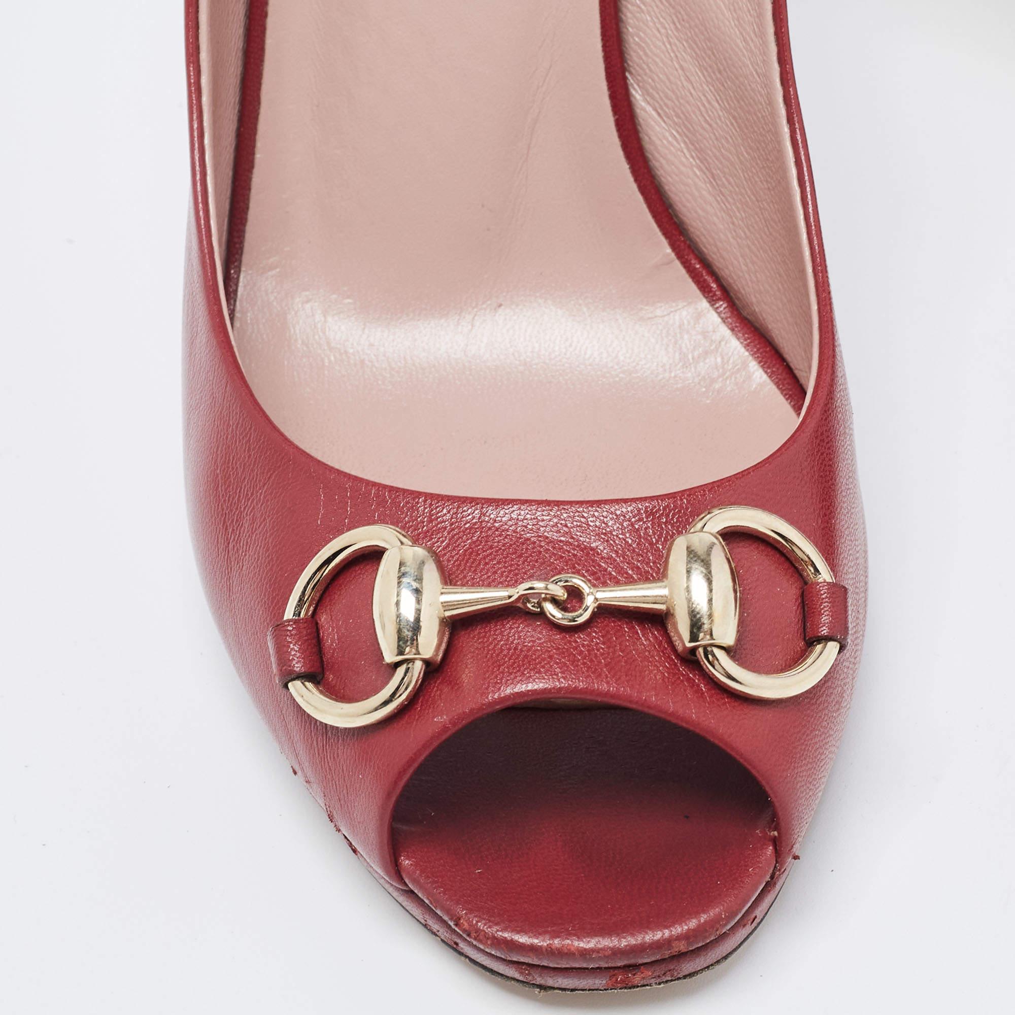 Gucci Burgundy Leather Jolene Peep Toe Pumps Size 37.5 For Sale 4