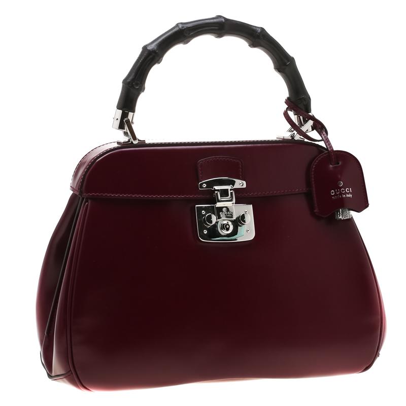 Gucci Burgundy Leather Lady Lock Bamboo Top Handle Bag In Good Condition In Dubai, Al Qouz 2