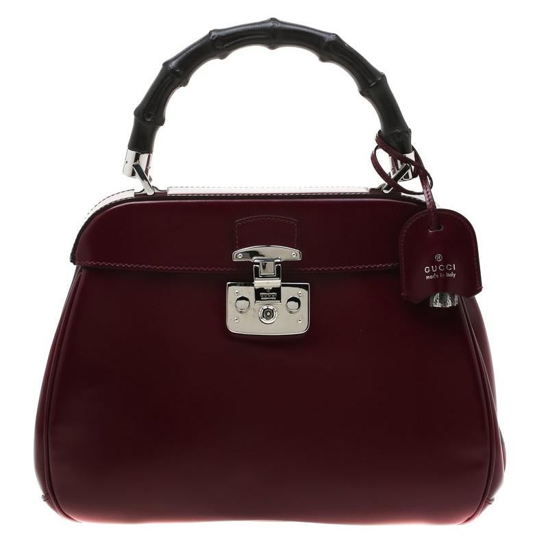Gucci Burgundy Leather Lady Lock Bamboo Top Handle Bag