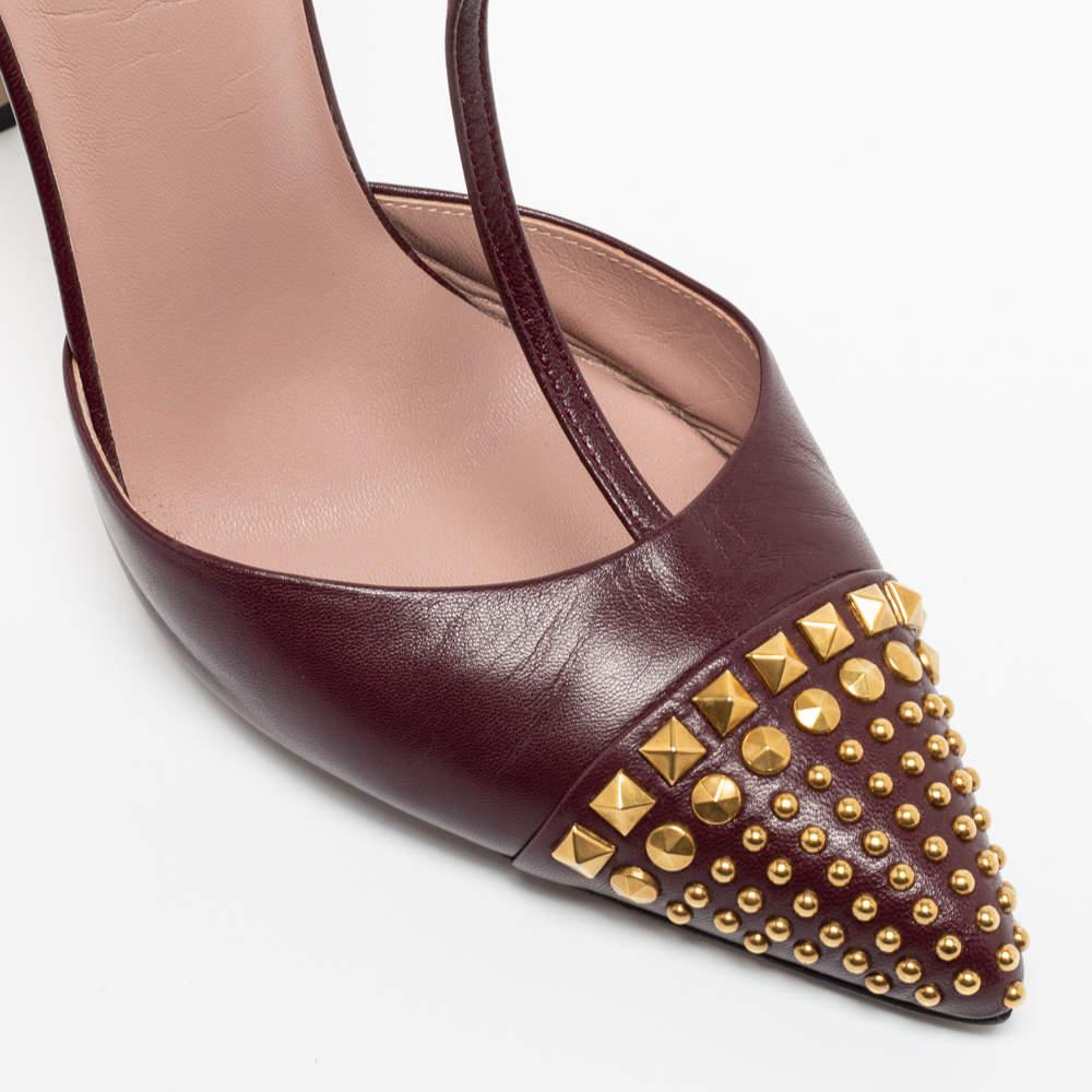 Brown Gucci Burgundy Leather Studded Cap-Toe T-Strap Pumps Size 39