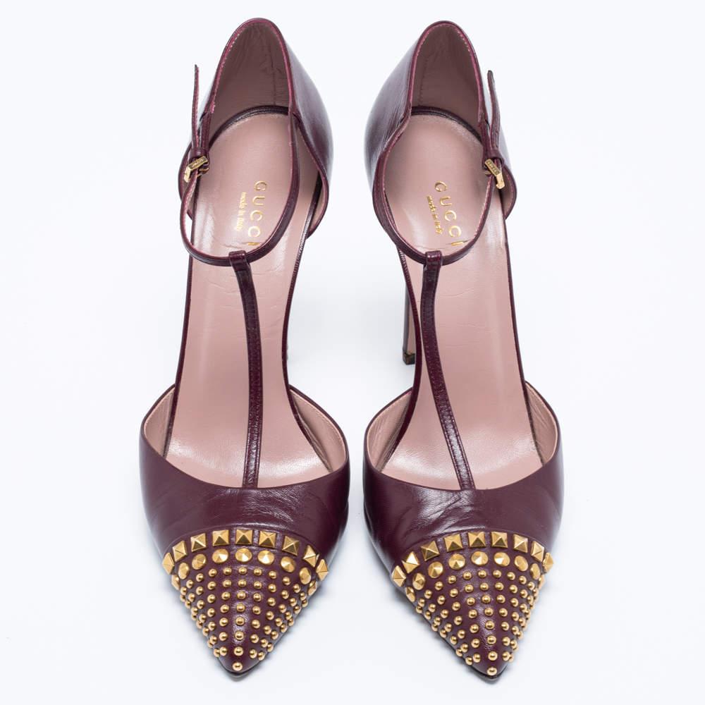 Women's Gucci Burgundy Leather Studded Cap-Toe T-Strap Pumps Size 39