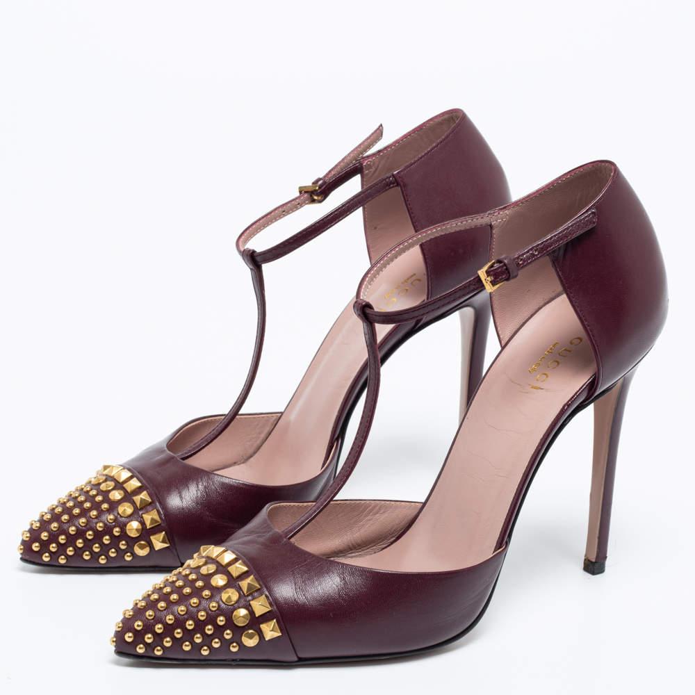 Gucci Burgundy Leather Studded Cap-Toe T-Strap Pumps Size 39 1
