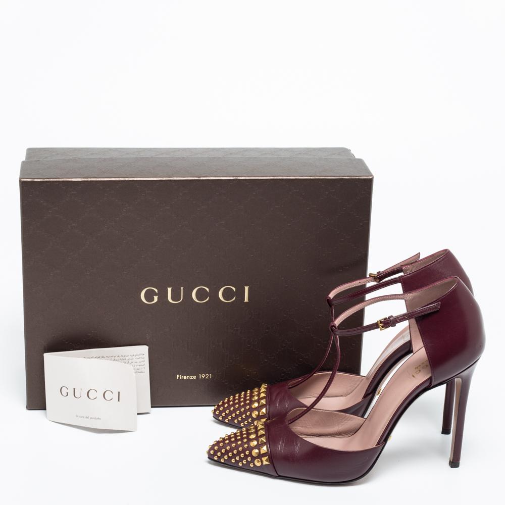 Gucci Burgundy Leather Studded Cap-Toe T-Strap Pumps Size 39 2