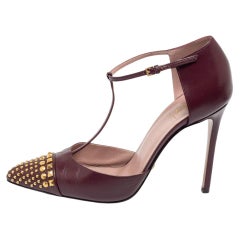 Gucci Burgundy Leather Studded Cap-Toe T-Strap Pumps Size 39