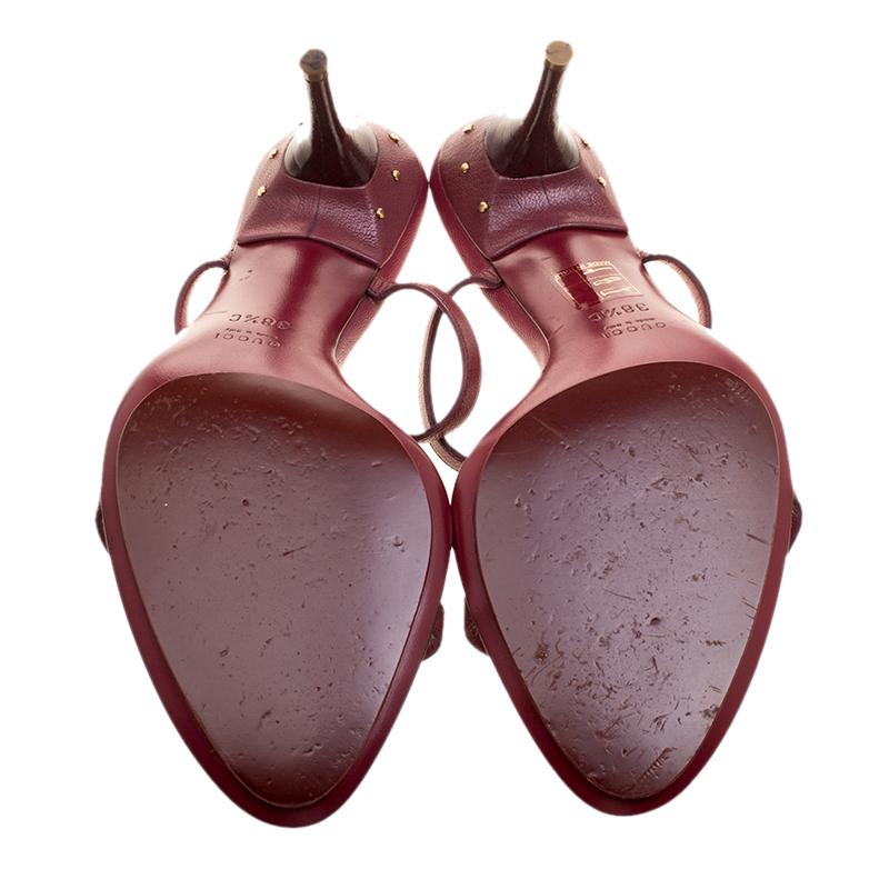 Brown Gucci Burgundy Leather Studded GG Interlocking Slides Sandals Size 38.5